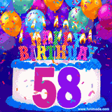 A birthday cake with lit candles is shown with colorful balloons and animated confetti.