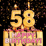 Large Number '58', decorated with pink sprinkles, and chocolate, and falling confetti.