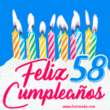 Animación de un pastel decorado con velas coloridas y encendidas, el número 58 destacado en azul y la frase 'Feliz cumpleaños' en letras estilizadas.