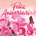 Lindas rosas e borboletas - 58 anos de feliz aniversário GIF