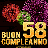 Animazione di fuochi d'artificio colorati con il numero 58 in oro brillante e la scritta 'Buon Compleanno' su uno sfondo nero festivo ed elegante.
