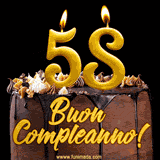 GIF animato con una torta al cioccolato decorata con crema, dettagli dorati e due candele accese che formano il numero 58. Messaggio 'Buon Compleanno' in scritta elegante.