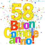 Animazione con il numero 58 in giallo e scritte multicolore 'Buon Compleanno!', accompagnate da una pioggia di stelle e coriandoli colorati.