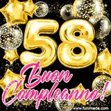 Animazione con palloncini dorati a forma del numero 58, circondati da decorazioni scintillanti e la scritta 'Buon Compleanno!' in caratteri rosa accattivanti.