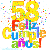 GIF festivo lleno de confeti de colores, el número 58 grande en amarillo y la frase 'Feliz cumpleaños' en letras multicolores y brillantes.