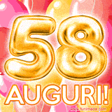 Bouquet animato di palloncini multicolori che emergono da una scatola regalo, con il numero 58 e la scritta 'Tanti Auguri!' su uno sfondo pieno di coriandoli.