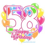 An animated birthday greeting card with a large '58' in pink outline surrounded by colorful balloons heart-shaped frame, and 'Happy Birthday!' written below in hand-written font.