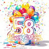 A festive birthday age GIF with animated star confetti, colorful balloons, and a gift box with the number 58. The text reads 'Happy Birthday'.