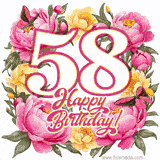 A celebratory GIF image features the animated number '58' and the words 'Happy Birthday!' surrounded by pink and yellow flowers. Two moving butterflies are included in this festive design.