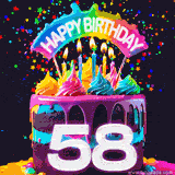 Chocolate cake with cyan layers, pink dressing and a big number 58 adorned with vibrant multicolored frosting, lit candles, and a rainbow topper with text that says 'Happy Birthday'. Animated colorful confetti move behind the cake.