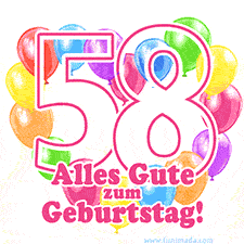 Ein verspieltes animiertes Geburtstags-GIF mit bunten Ballons in Herzform und der Zahl 58.