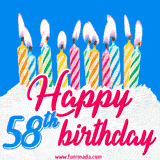Birthday GIF featuring colorful lit candles atop a white creme cake and wishes a Happy 58th Birthday in a playful font.