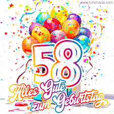 Ein lebendiges Geburtstags-GIF mit bunten Ballons, animiertem Konfetti, der Zahl 58 und den Worten 'Alles Gute zum Geburtstag' in dekorativer Schriftart.