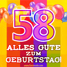 Große Zahl 35 in Umrissschrift, die Worte 'Alles Gute zum 58. Geburtstag', mehrfarbige animierte Ballons und lebendiger Hintergrund.