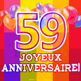 GIF animé 59 ans avec des ballons colorés, un grand chiffre 59 et 'Joyeux Anniversaire!' sur un fond éclatant.