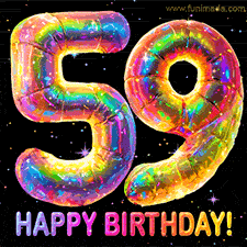 Shiny number 59 birthday celebration balloons with an iridescent glow and glitter on a black background with twinkling stars.