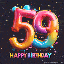 A vibrant age-specific birthday short animation displays the number '59' in shiny balloon-like letters with the words 'Happy Birthday' underneath. The dark background is punctuated with festive stars and balloons.