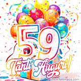 Animazione con palloncini colorati e scintillanti, accompagnata dal numero 59 in caratteri grandi e luminosi, e la scritta 'Tanti Auguri!' in stile vivace.