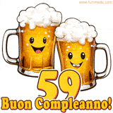 Due boccali di birra sorridenti animati, con il numero 59 e la scritta 'Buon Compleanno!' in caratteri allegri su uno sfondo bianco.