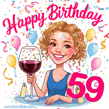 An animated birthday GIF featuring a smiling cartoon woman holding a glass of wine. Text reads 'Happy Birthday 59' surrounded by colorful balloons and confetti.