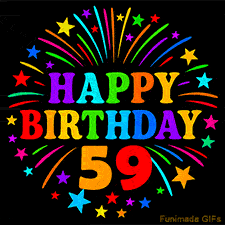 Colorful 'Happy Birthday 59' GIF with vibrant fireworks, stars, and rainbow-colored letters