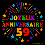 GIF animé 'Joyeux Anniversaire 59' avec des lettres colorées et des feux d'artifice éclatants