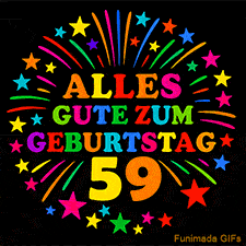 Animiertes GIF 'Alles Gute zum Geburtstag 59 mit bunten Buchstaben und leuchtenden Sternen