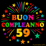 GIF animata 'Buon Compleanno 59' con lettere colorate e fuochi d'artificio