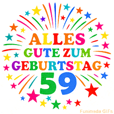 Bunte 'Alles Gute zum Geburtstag' Animation für den 59. Geburtstag mit Sternen und bunten Farben