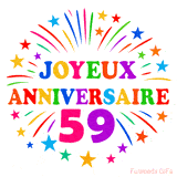 GIF animé joyeux anniversaire 59 ans avec étoiles multicolores et feu d’artifice