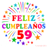 Imagen animada para felicitar los 59 años con letras de colores y diseño festivo.