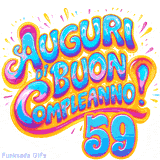 GIF animata con la scritta 'Auguri di Buon Compleanno 59' in colori vivaci e stile artistico festoso.