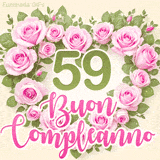 GIF per il 59° compleanno con un cuore di rose rosa e scritta elegante