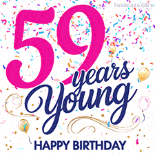 Colorful animated birthday GIF displaying the text '59 years Young' in bright pink and navy blue, with confetti falling and gold balloons floating.