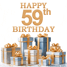 Festive animated eCard with elegant 'Happy 59th Birthday' text above a pile of luxurious blue, white, and gold gift boxes and presents.