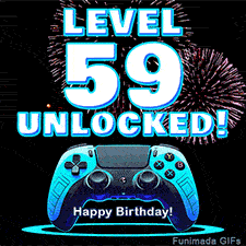 Animated GIF for a 59 birthday. The text 'Level 59 Unlocked!' and 'Happy Birthday!' are displayed over a blue video game controller with exploding fireworks in the background.