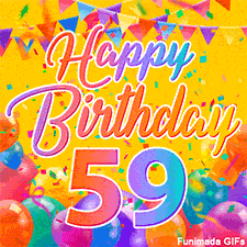 A bright and colorful animation for a 59th birthday, The greeting is set against a yellow backdrop with animated confetti, colorful bunting at the top, and balloons at the bottom.