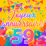 Une animation festive célébrant un 59ème anniversaire, Les mots 'Joyeux Anniversaire' et le nombre '59' sont dans une police colorée, entourés de ballons de fête et de confettis.