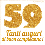GIF animata per un 59° compleanno, Mostra il numero 59 in grandi caratteri dorati pieni di glitter scintillante, Sotto, la scritta 'Tanti auguri di buon compleanno!' in un elegante oro.