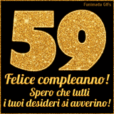 Un GIF animato per un 59° compleanno, Presenta il testo 'Buon Compleanno 59' su uno sfondo giallo vivo con palloncini colorati, festoni e una pioggia di coriandoli.