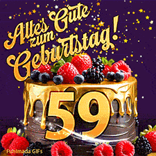 Eine köstlich aussehende animierte Geburtstagskarte für den 59. Geburtstag, dekoriert mit Erdbeeren, Blaubeeren und goldenen Details, Sterne funkeln und fallen, mit 'Alles Gute zum Geburtstag!'-Text.