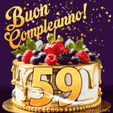 Un GIF animato di una bellissima torta per il 59° compleanno con glassa dorata e frutti di bosco freschi, Il numero dorato 59 è davanti, e stelle cadono su uno sfondo viola scuro.