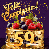 Una animación de celebración de una tarta para el 59º cumpleaños, Estrellas doradas caen del cielo, destacando el texto '¡Feliz Cumpleaños!' y el número dorado 59 en la tarta.