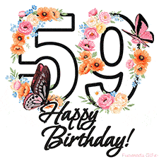 A floral 59th birthday animated greeting card. The number '59' is surrounded by animated flowers and butterflies, creating a beautiful and cheerful way to celebrate the milestone.