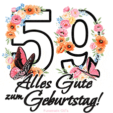 Ein florales GIF zum 59. Geburtstag. Die Zahl '59' ist von animierten Blumen und Schmetterlingen umgeben und bietet eine schöne und fröhliche Art, den Meilenstein zu feiern.