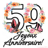 Ce GIF de Joyeux 59ème Anniversaire présente le nombre vingt rempli d'un bouquet vibrant de fleurs animées, avec des papillons qui bougent doucement sur un fond blanc.