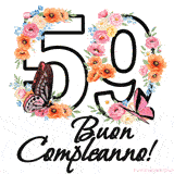 Questo GIF di Buon 59° Compleanno mostra il numero venti riempito con un vibrante bouquet di fiori animati, con farfalle che si muovono dolcemente su uno sfondo bianco.