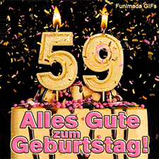 Brennende goldene Ziffer 59 auf einer Torte mit Schokoladenguss. Rosa und gelbes Konfetti wirbelt herab. Aufschrift im Bild: Alles Gute zum Geburtstag!