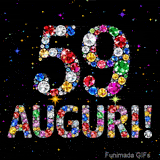 Animazione con il numero 59 e la parola Auguri creati da pietre preziose colorate, con un effetto scintillante su sfondo nero.