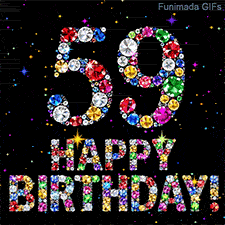 The number 59 alongside the words Happy Birthday, crafted from shimmering multi-colored gemstones, shining against a pitch-black canvas with tiny color sparks.